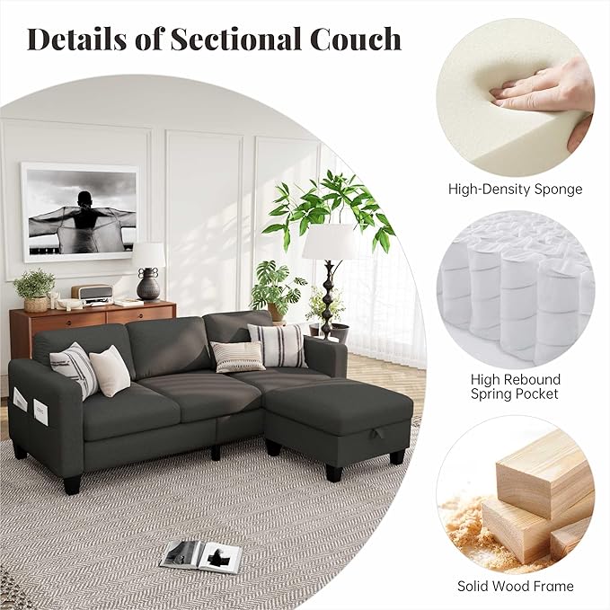 Small Sectional Sofa Couch L Shaped Sectional Grey Couch in a Box Small Couches with Ottoman 3 Seater Sofa for Living Room Apartment Dorm Office