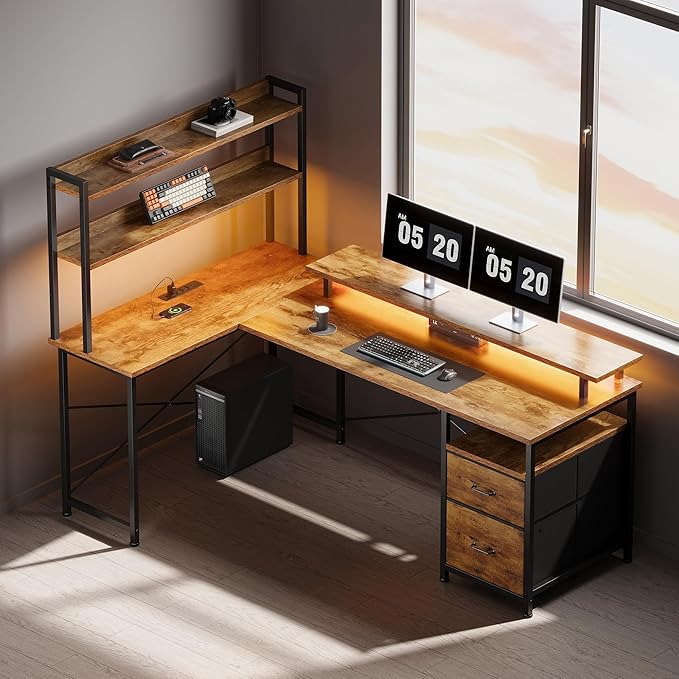 L Shaped Desk with ShelvesReversible Computer Desk with LED Lights and Charging StationHome Office Corner Desk with Monitor StandBrown2