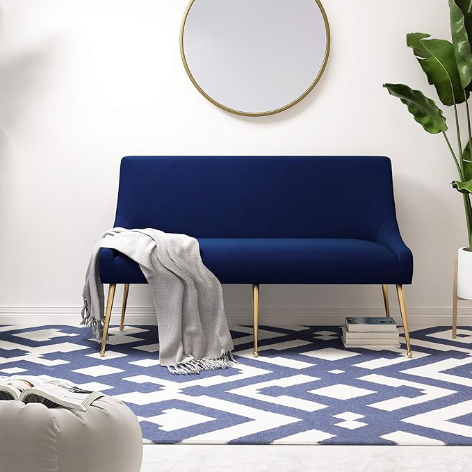 Irina Loveseat Modern Navy Easy Clean Velvet Upholstered Loveseat with Brushed Gold Leg