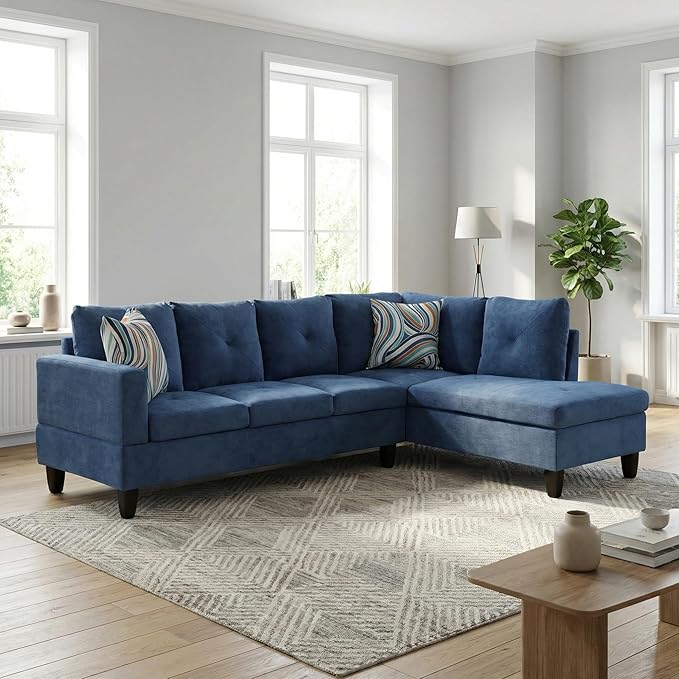 Modern L-Shaped Couch with Lounge Chaise Comfortable Sectional Sofa with Cushions and Sturdy Frame Perfect for Living Room Apartment Blue