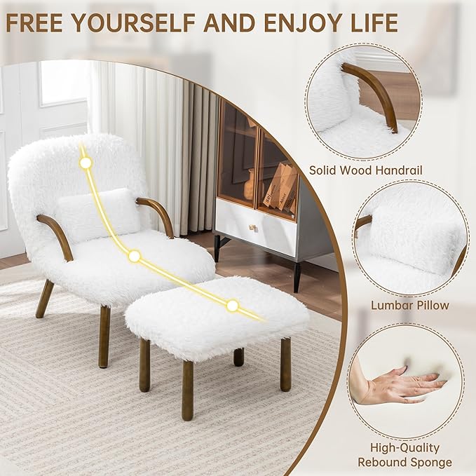 Modern Corduroy Accent Chair with Ottoman White Upholstered Lounge Chair Set with Wood Arms Living Room Furniture 31.5 Height (Artificial Fur White)