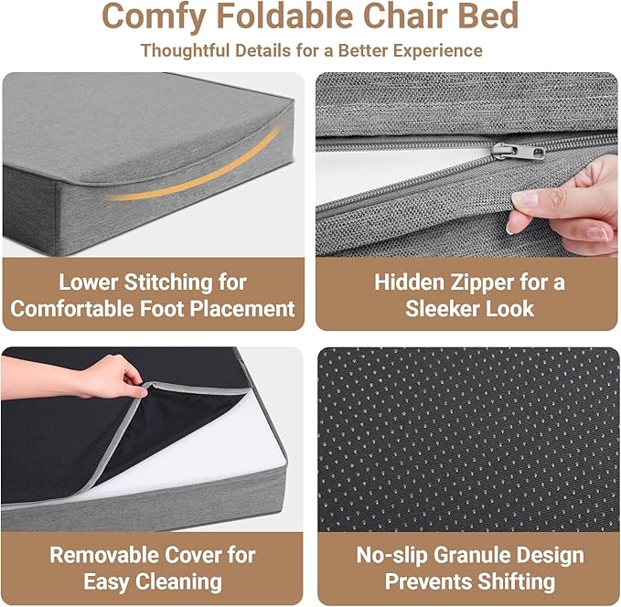 BeBen Folding Sofa Bed Chair Convertible Sleeper Chair Futon Couch Foldable Boneless Floor Lounger Sofa Twin Foam Chair Bed for Small Spaces Dorm Guest Room Living Room Apartment Grey
