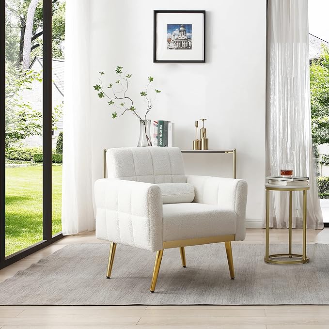 Accent Chair Soft White Teddy Fabric Comfy Upholstered Arm Chair Fluffy Leisure Chair Armchair Living Room Chairs for Bedroom/Living Room Sofa Chair with 1 Waist Pillow