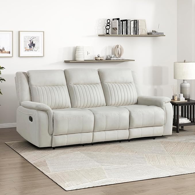 Lexicon Manual Double Reclining Sofa Polished Microfiber Upholstered 3 Seater Manual Sofa Recliner for Living Room Wall Hugger Easy Assembly Beige