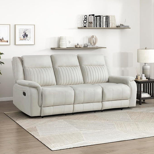 Lexicon Manual Double Reclining Sofa Polished Microfiber Upholstered 3 Seater Manual Sofa Recliner for Living Room Wall Hugger Easy Assembly Beige