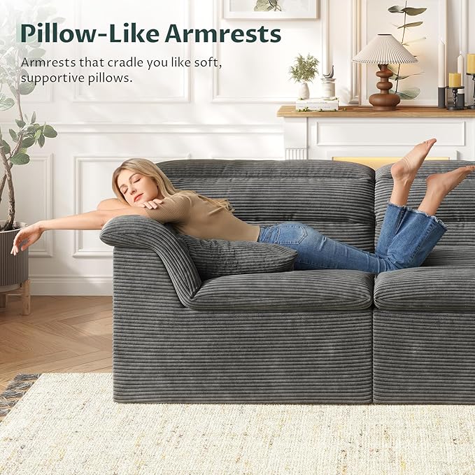 88 Sofa with Deep Seats Oversize 3 Seater Cloud Couches Upholstered Corduroy Couch for Living Room Bedroom No Assembly Required Dark Gray