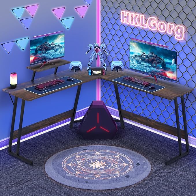 HKLGorg L Shaped Desk Gaming Computer Desk 50.4 Gaming Corner Table with Monitor Stand MDF Board Surface Home Office Table for Working Study Son Boyfriend Gift (Brown)