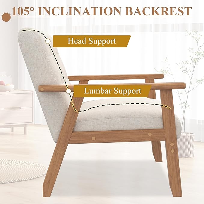 Westice Accent Chair Set of 2 Mid-Century Modern Living Room Chairs with Solid Wood Frame &amp Soft Thicken Cushion Upholstered Arm Reading Chair for Bedroom Balcony Beige Linen Fabric &amp Natu