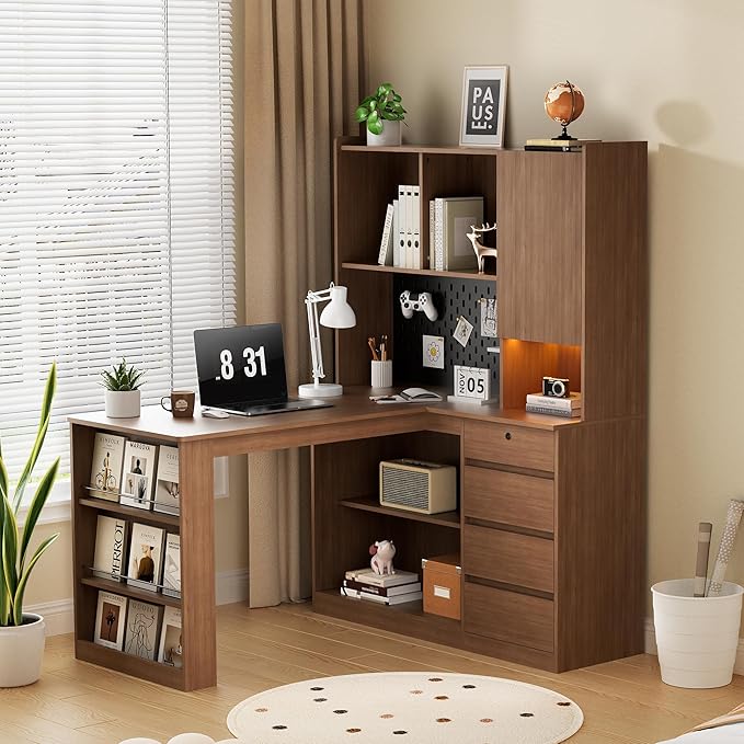 L Shaped Desk with Hutch Wooden Home Office Desk with 4 Drawers Storage Cabinet Charging Station Corner Writing Computer Desk(Left Side Desk Brown)