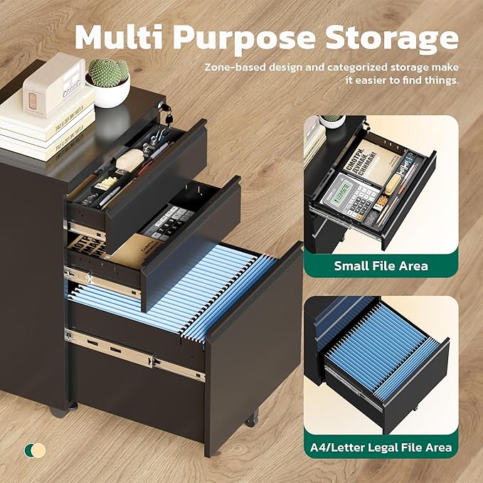 Greenvelly 3 Drawer Mobile File Cabinet with Lock Metal Filing Cabinet on Wheels Under Desk File Cabinet for Home Office Organizer Letter/Legal/A4 File (Assembly Required Black)