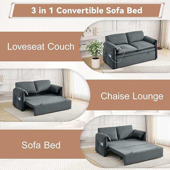 63 Velvet 3 in 1 Convertible Sleeper Sofa Bed Pull Out Couch Bed Loveseat with Adjustable Backrest Chaise Lounge USB Port &amp Side Pocket Modern Sofa for Living Room Small Spaces Gray