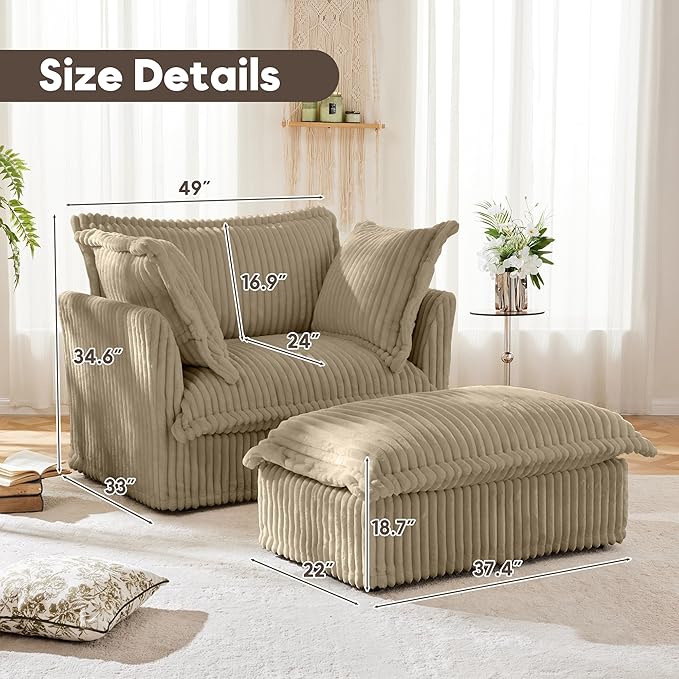 Corduroy Oversized Accent Chair 49” W Big Comfy Modular Cloud Chair Cozy Armchair for Living Room Bedroom Family Room Reading Nook Cover Removable Brown