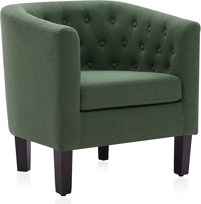 BELLEZE Green Accent Chairs for Living Room Elegant Arm Chair Upholstered Tufted Barrel Chair Club Chair for Bedroom with Sturdy Legs and Linen Fabric - Berlinda (Green)