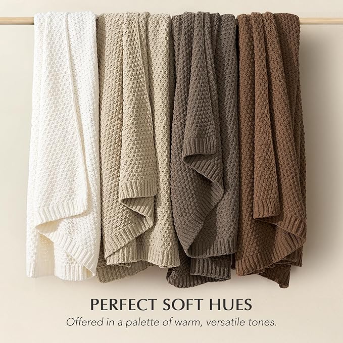 EVERGRACEHOME Chunky Chenille Knit Throw Blanket for Couch Soft Luxurious Moss Stitch Blankets for Bed Cozy Decorative Farmhouse Knitted Throws for Sofa Sand Dune 50 x 60