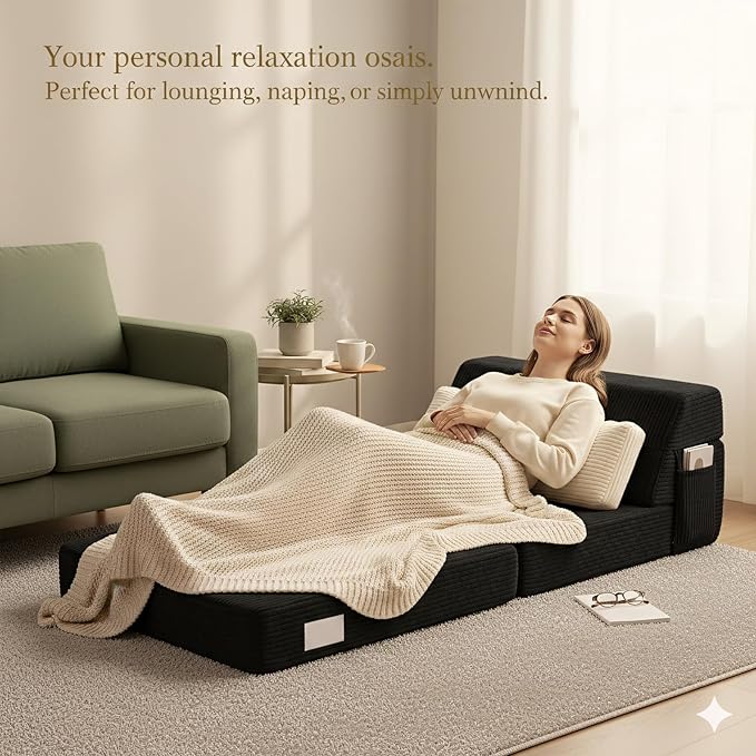 Folding Sofa Bed with Pillow Convertible Sleeper Chair Comfy Floor Futon Couch Mattress Lounge Sofa for Adults Portable Fold Out Chair Bed for Living Room Bedroom Single Black