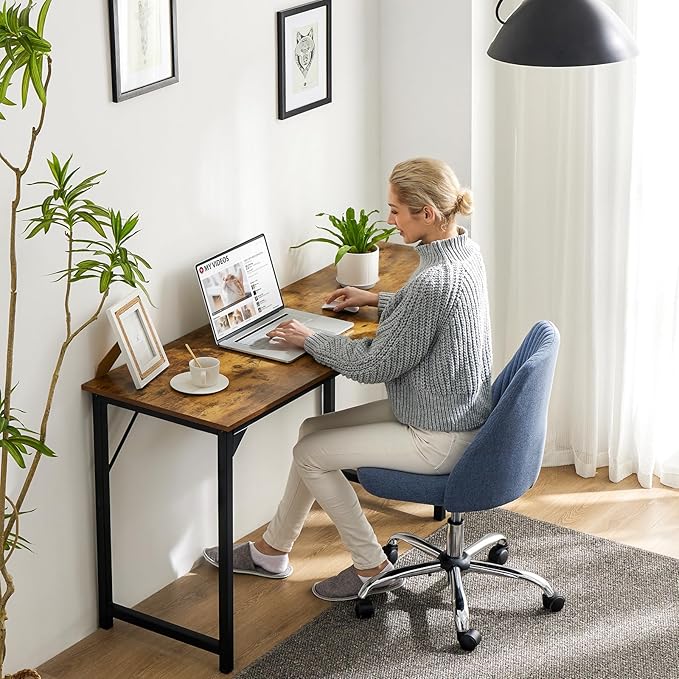 Sweetcrispy Small Computer Desk63 Inch Office Writing Work Desk with Metal Frame Wooden Tabletop Student Study Home Bedroom Table with X-Shaped Reinforcement Brown