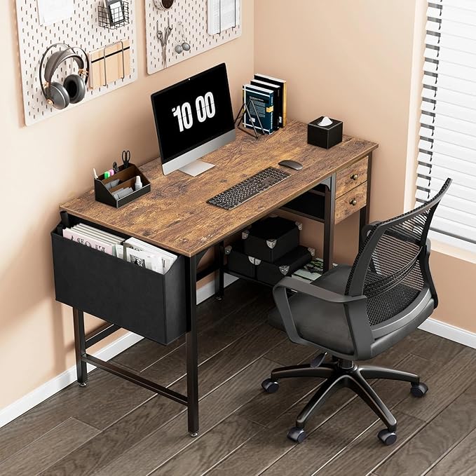 Lufeiya Computer Desk with Drawers - 40 Inch Work Reversible Small Desk for Bedroom Home Office Simple Study Writing Table PC Desks with Drawer Storage Shelves Rustic Brown
