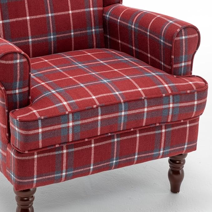 Modern Accent Chair with Retro Wood Legs Comfy Upholstered ArmchairTantan Check Design Single Sofa Chair for Living Room Bedroom Office - Red