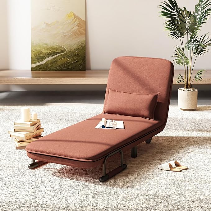 Giantex Convertible Sofa Bed 3-in-1 Folding Sleeper Chair with 5-Position Adjustable Backrest Wheels 2 Legs Recliner Chaise Lounge with Pillow Armchairs for Nursery Living Room Office (Brown)
