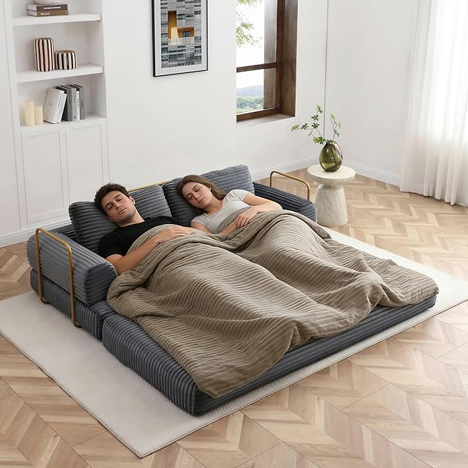 80 Convertible Sofa Bed Modern Corduroy Sleeper Sofa Folding Floor Couch with Golden Fixed-Shape Frame Grey Boneless Loveseat Sofas Bed for Living Room Bedroom No Assembly Needed