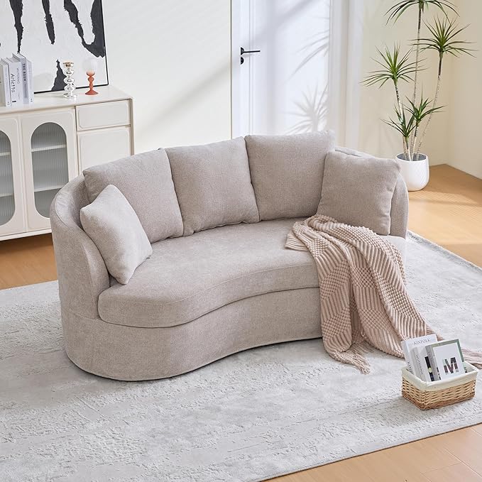 KEIKI 74” Curved Loveseat Sofa Curved Couches with 4 Removable Cushions Modern Luxury Plush Chenille Extra-Deep Seat Sofa for Small Spaces Living Rooms Bedroom Taupe