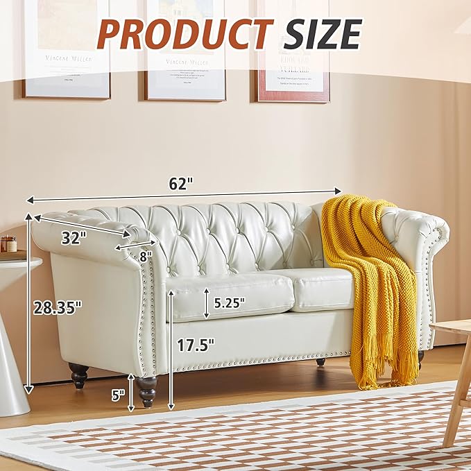 AVZEAR Chesterfield Loveseat Sofa Upholstered Sofa Modern Sofa Couches Set Style Button Tufted PU Chesterfield Sofa for Living Room Apartment PU White