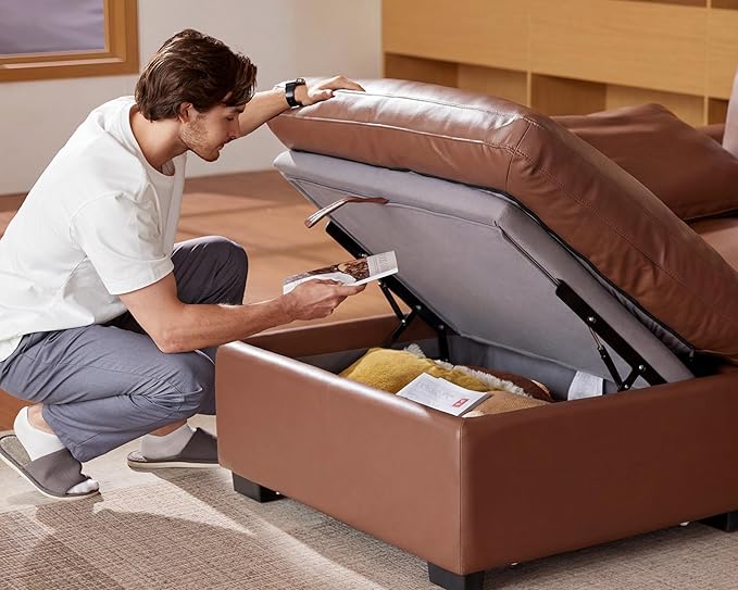 WEUP 120 Oversized Cloud Modular Sectional Sofa for Living Room 3 Seat U Shaped Cloud Couch with Storage Ottoman Premium Faux Leather Sofa Down-Filled Wide Deep Seat Tool Free Assembly Brown
