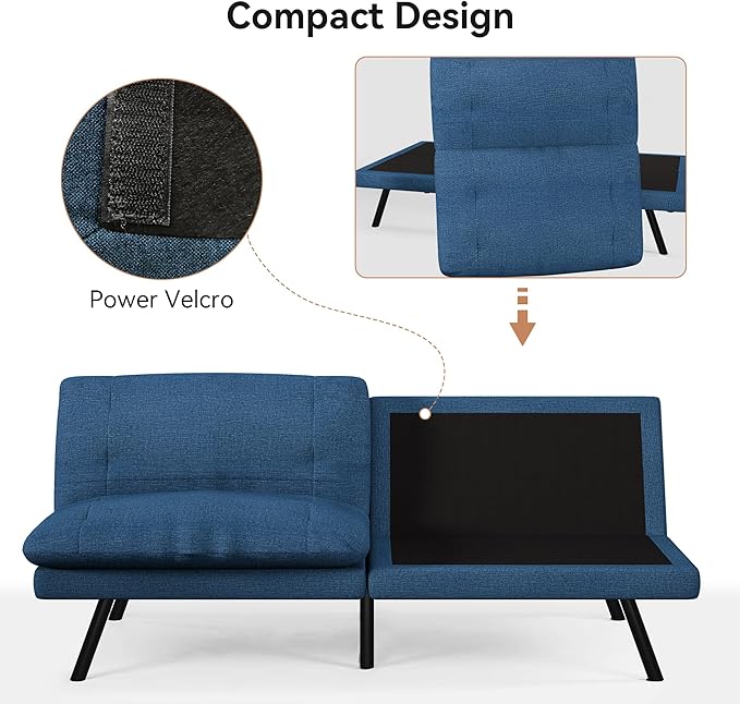 Futon Sofa Bed Convertible Couch Blue Linen Sofa Bed with Adjustable Backrest Multifunctional Small Loveseat Sleeper Sofa for Living Room Apartment Office