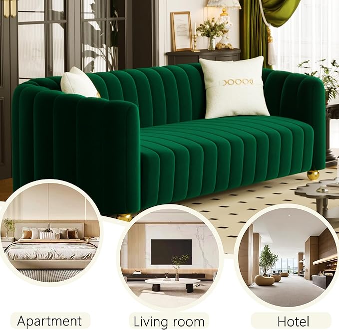 83 Green Velvet Couch Luxry Modern Sofas for Living Room Velvet Sofa 3-Seater Solid Wood Frame with Gold Metal Legs and Two Pillows Emerald Green Couch