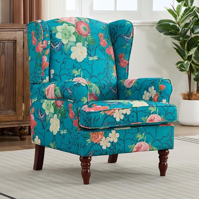 Wing Back Accent Chair Patterned Mid-Century Upholstered Linen Fabric Armchair Single Sofa with Wood Legs for Living Room Patio Cyan.