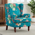 Wing Back Accent Chair Patterned Mid-Century Upholstered Linen Fabric Armchair Single Sofa with Wood Legs for Living Room Patio Cyan.