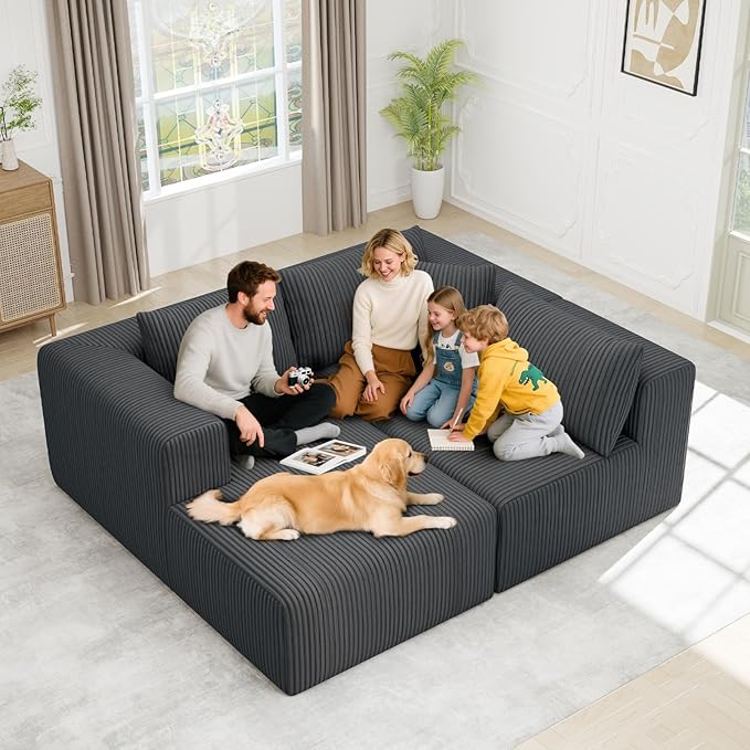 109 Modular Sectional SofaBoneless Couch for Living RoomCloud Sectional Couch with Deep SeatModular L-Shape Sofa with ChaiseNo Assembly RequiredGrey(Plush Corduroy Fabric)