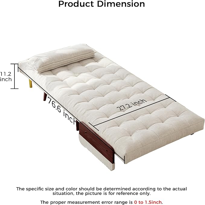 JASIWAY Convertible Sleeper Chair Bed for Adults 3 in 1 Linen Convertable Futon Chair with Pillow Fold Out Single Sleeper Couch Guest Bed for Small Spaces Bedroom Mid-century with Walnut Arm 28.4
