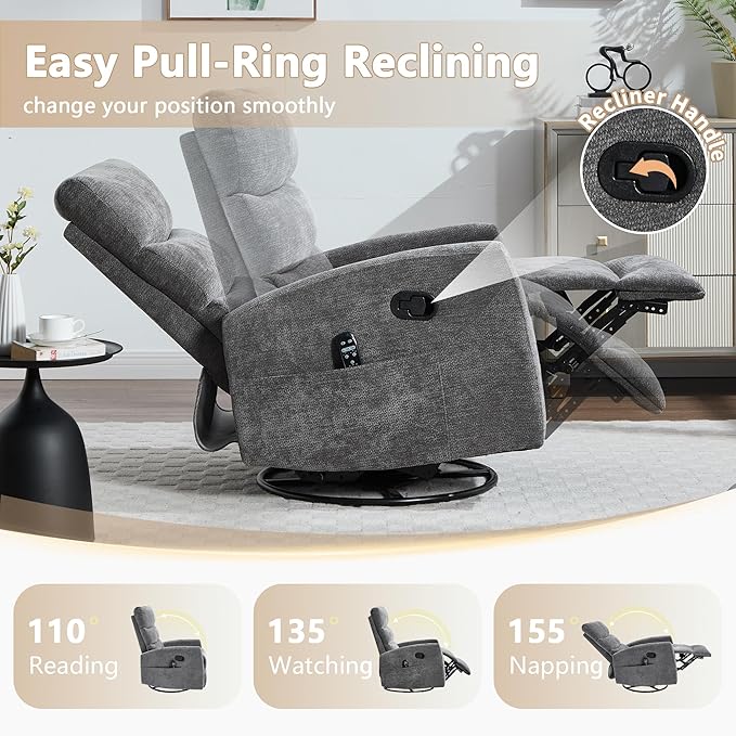 cinkehome Small Swivel Rocker Recliner Chair with Heated Massage Upholstered Nursery Glider Recliner Chair High Back Side Pocket (Grey Chenille Fabric)