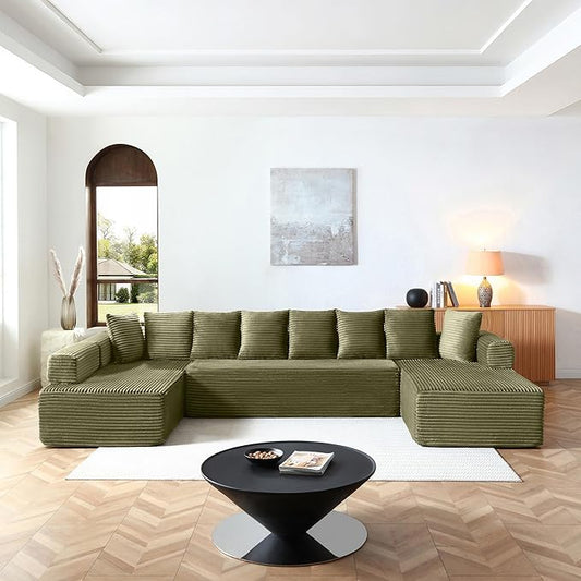 145 inch Modern Sectional Couch for Living Room Oversized Cloud Boneless Couch with Freely Movable Armrest and Fixed-Shape Frame Green Modular Sofa U Shape Couches | No Assembly Required Free Combi