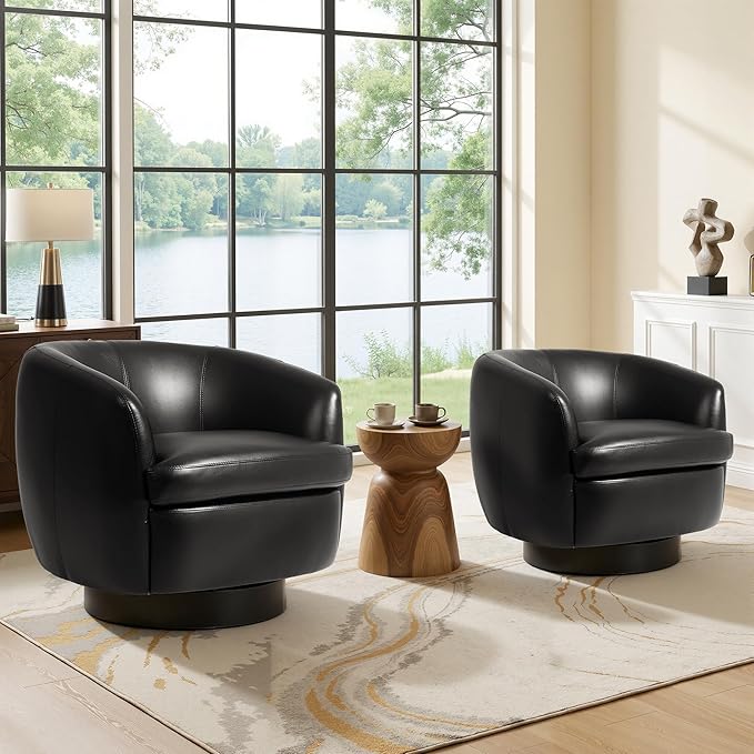 UIXE Leather Swivel Barrel Accent Chairs Set of 2 Comfy Round Faux Leather Armchair Reading Chair for Living Room Barrel Club Chairs Bedroom Black