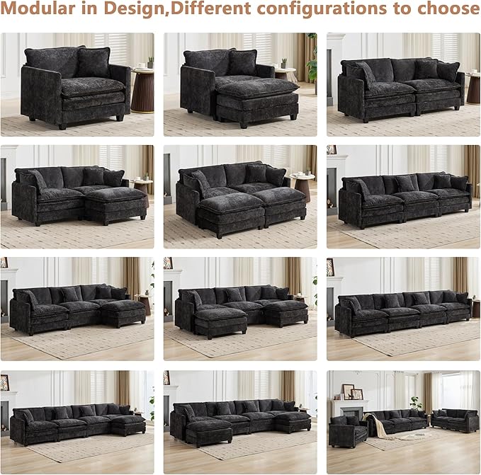 Aoowow Chenille Loveseat Cloud Couch with Ottomans78 Modular Sectional Small Love Seat Lounger Sofa for Small SpacesDouble Chaise Lounge Chairs Indoor for Living Room Bedroom (Black 2+2)