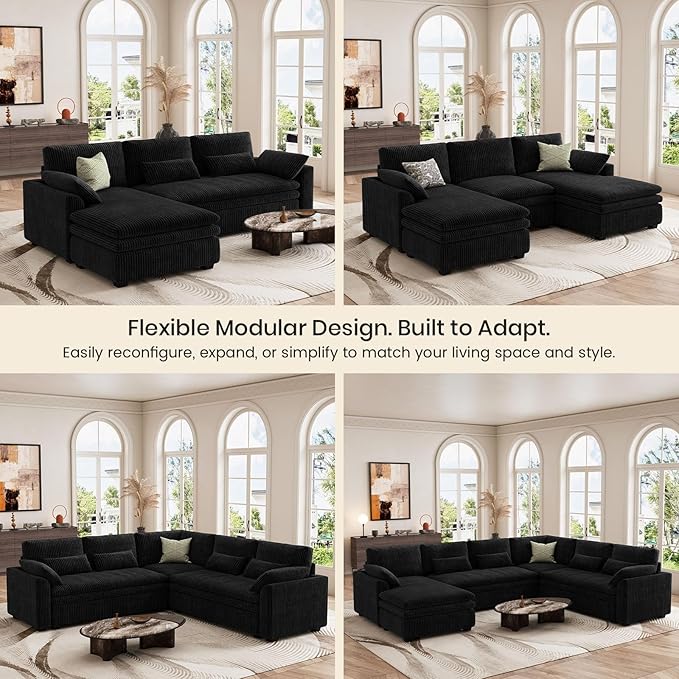 Belffin Large Modular Sectional Sofa with Double Deep Chaise 135 Corduroy U Shaped Sectional Couch with 9 Soft Dual-Layer 6 Seats U Shaped Couch for Living Room Apartment Black