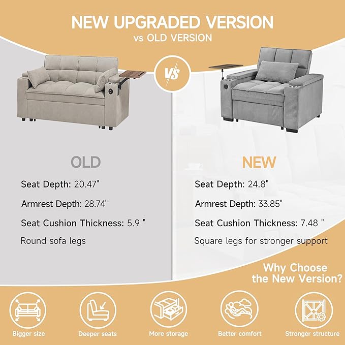 Large Size Convertible Sleeper Chair Futon Sofa Bed Comfortable thick cushion Single Sleeper Sofa Handheld storage and Adjustable Backrest | Reading Chair with Rotating small table (light gray)