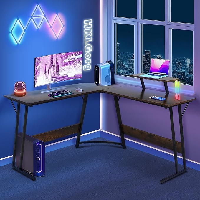 HKLGorg L Shaped Desk Gaming Computer Desk 50.4 Gaming Corner Table with Monitor Stand MDF Board Surface Home Office Table for Working Study Son Boyfriend Gift (Brown)