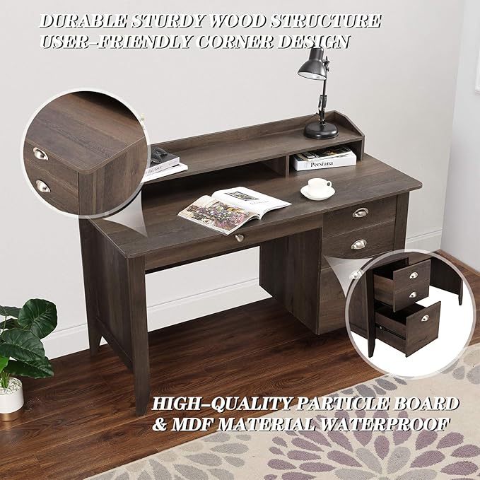 Festival Depot 53 Home Office Desk Writing Computer Desk Vintage Wood Style Laptop Table with Hutch and Sliding Track Drawers for Study Bedroom Workstation