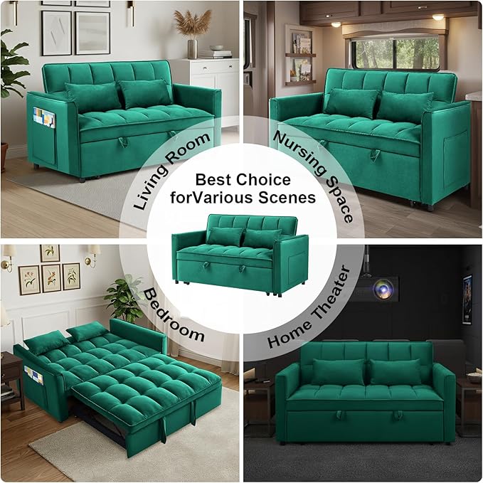 Dreamzie 3 in 1 Convertible Sleeper Sofa Bed 55'' Loveseat Sleeper Sofa Pull Out Couch Bed with Side Pocket &amp Adjustable Backrest for Living Room Velvet Fabric Green