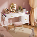 Computer Desk with Charging Station Home Office Desks with Printer Stand PC Table with 5 Fabric Drawers White Desk with Storage Vanity Desk for Small Space White