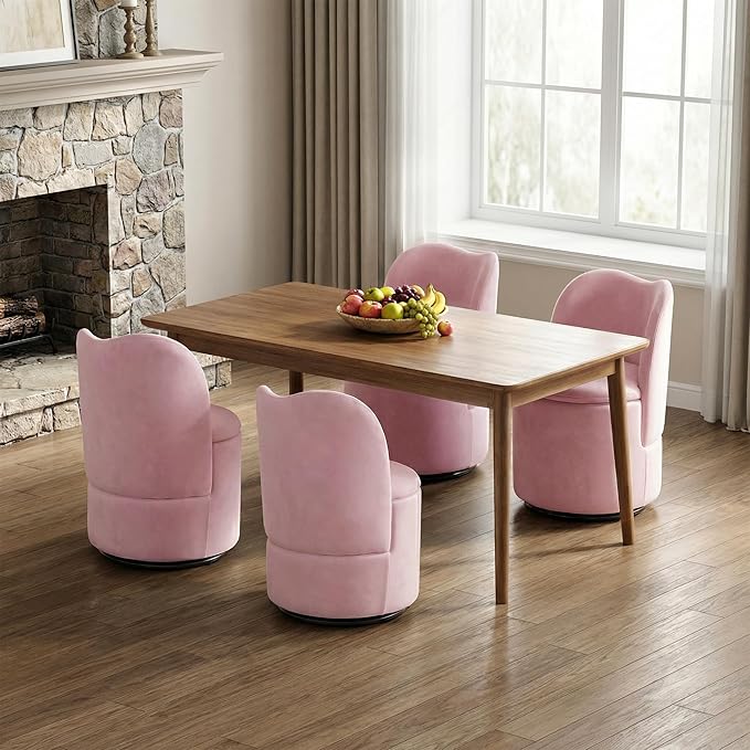 Velvet Vanity Chair with Storage 360° Swivel Makeup Chair with Back Modern Swivel Accent Stool Barrel Chair Upholstered Ottoman Vanity Stool with Back for Bedroom Dressing Living Room Pink