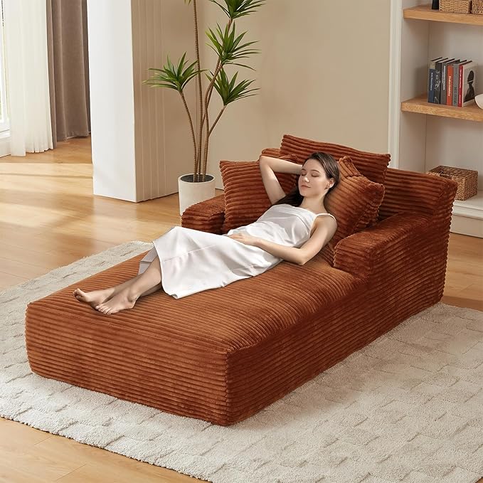 80 Inch Oversized Chaise Lounge Chair IndoorBoneless Corduroy Sofa Bed with Spring CushionDeep Seat Cloud Couch and Reading LoungerSoft Sleeper Sofa for Living RoomNo Assembly Required (Orange)