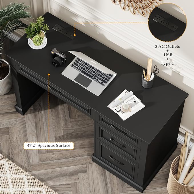 Farmhouse 47 Executive Desk Computer Desk with Drawers and File Drawer Workstation Computer Desk with Charging Station for Home Office StudyPure Black.