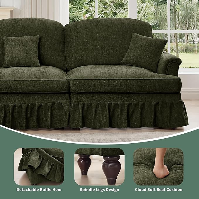 Rovibek 107” L Shaped Couch Chenille Midcentury Modern Sofa with Detachable Ruffle Hem Sectional Couches for Living Room with Throw Pillows &amp Ottoman Green