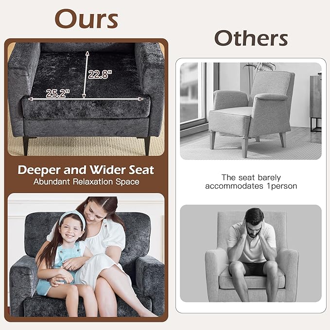 MELLCOM Oversized Chenille Accent Chair Set of 2 Comfy Armchair for Living Room Mid-Century Upholstered Reading Single Sofa Chair for Bedroom Grey