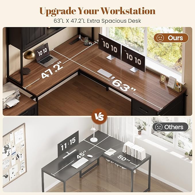 SEDETA Farmhouse L Shaped Office Desk with 6 Drawer Reversible Computer Desk with Power Outlet Hutch for Home Office/Two Person Corner Desk with File Drawer &amp Printer Storage Shelves Black