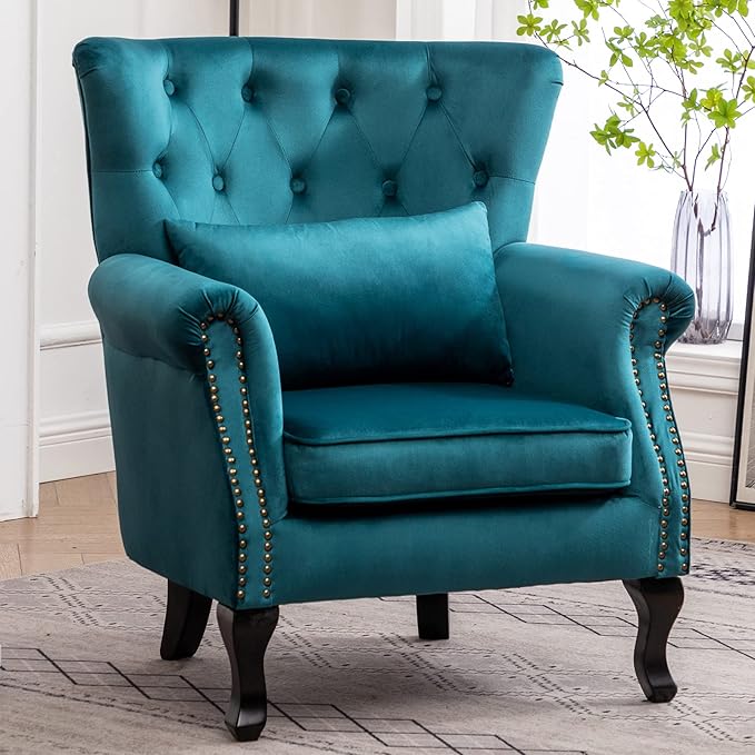 Mid Century Accent Chair Modern Button Tufted Armchair Wingback Club Chair Velvet Single Sofa Lounge Chair with Pillow for Living Room Bedroom Teal Blue